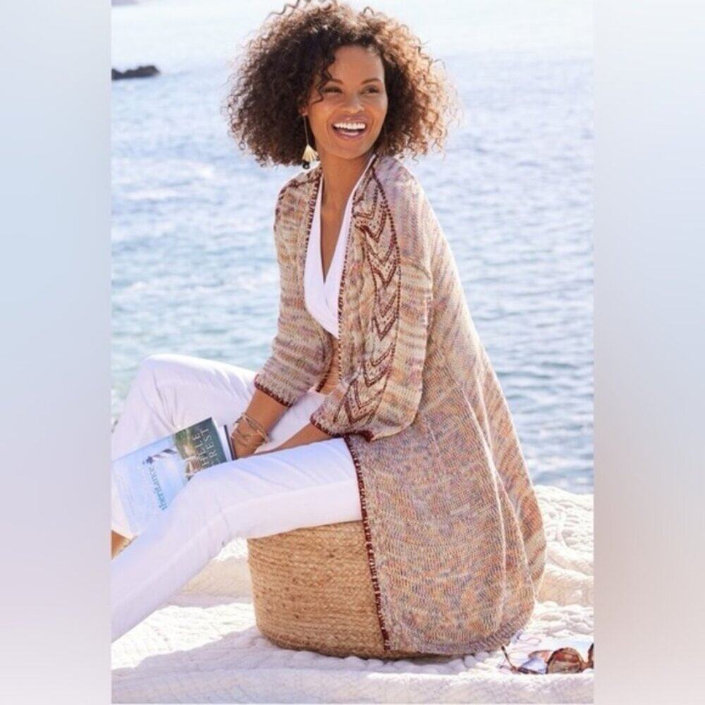 Soft Surroundings Multicolor Knit Embroidered Ochoa Open Cardigan Coastal Sz 1X